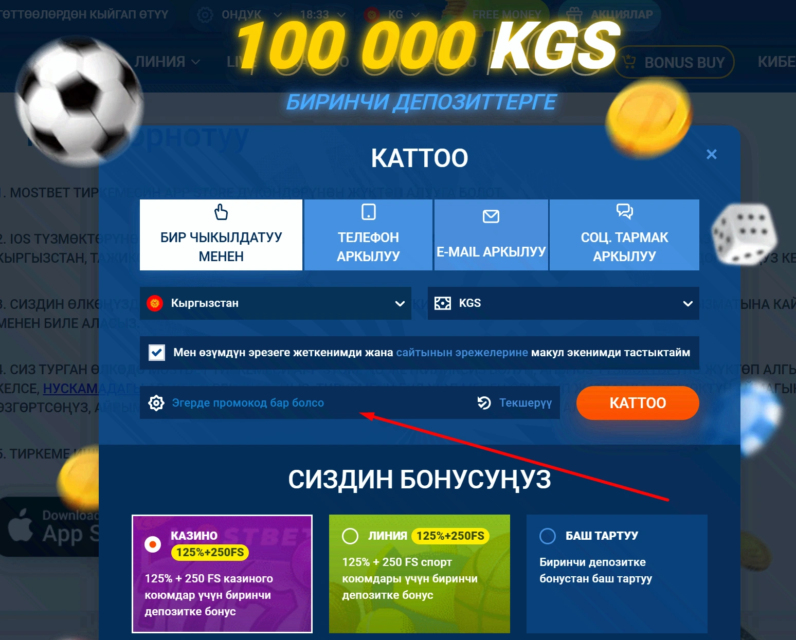 Каттоо терезесиндеги промокод талаасы жана Текшерүү баскычы